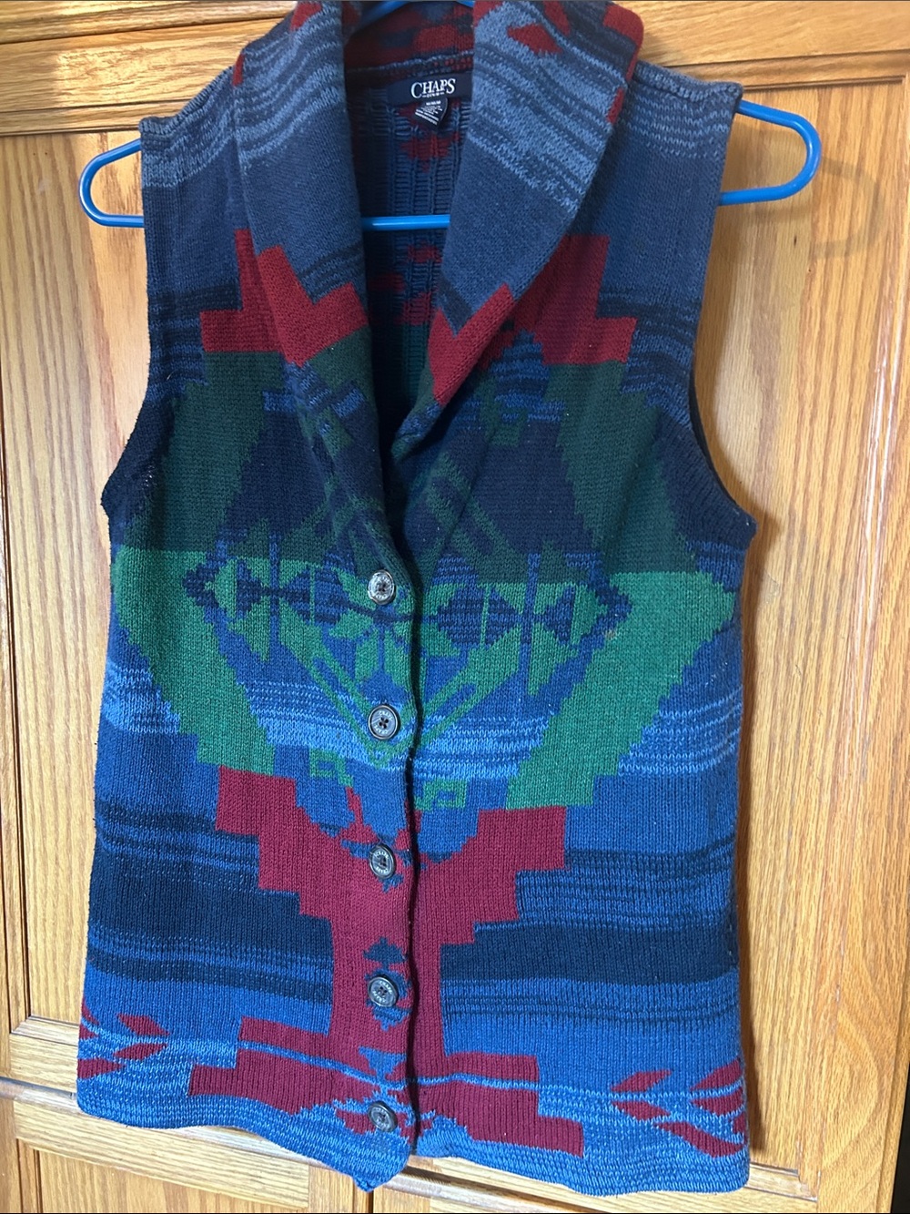 Chaps Knit Southwestern Hooded Vest in Blue, Green & Red